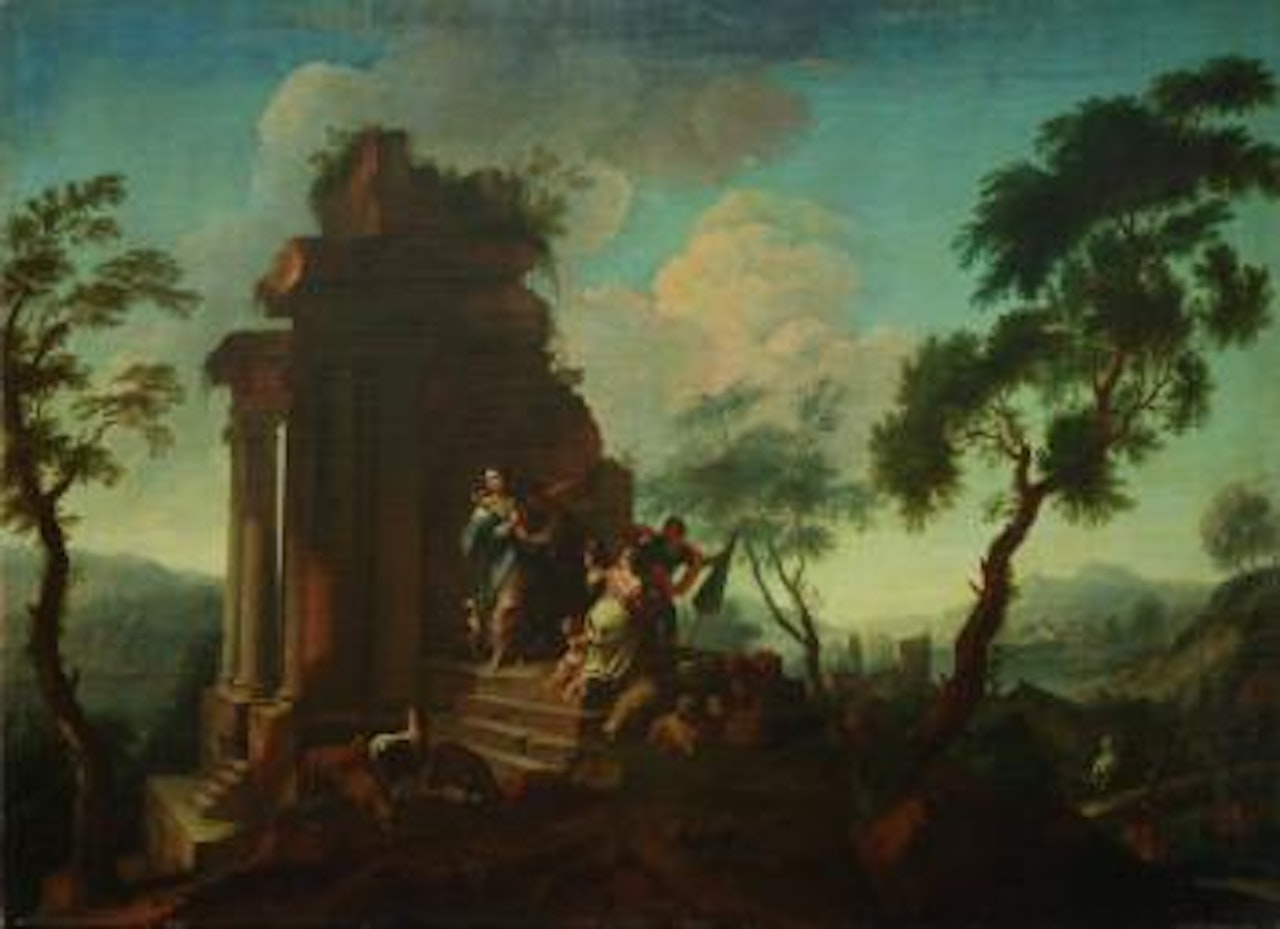 Paesaggio con rovine di tempio e scena pastorale con devozione a Venere by Roman School