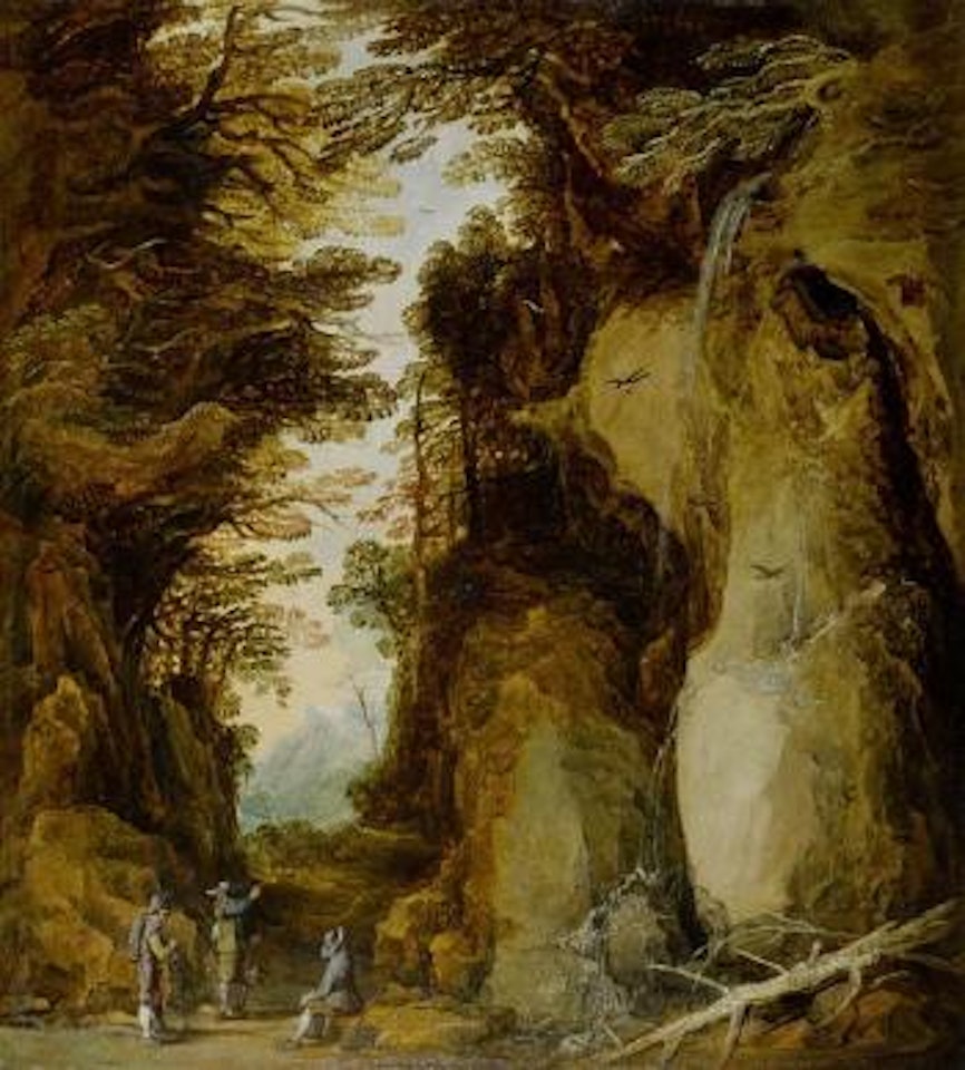 Felsige Landschaft mit drei rastenden Wanderern neben einem Waserfall by Joos de Momper the Younger