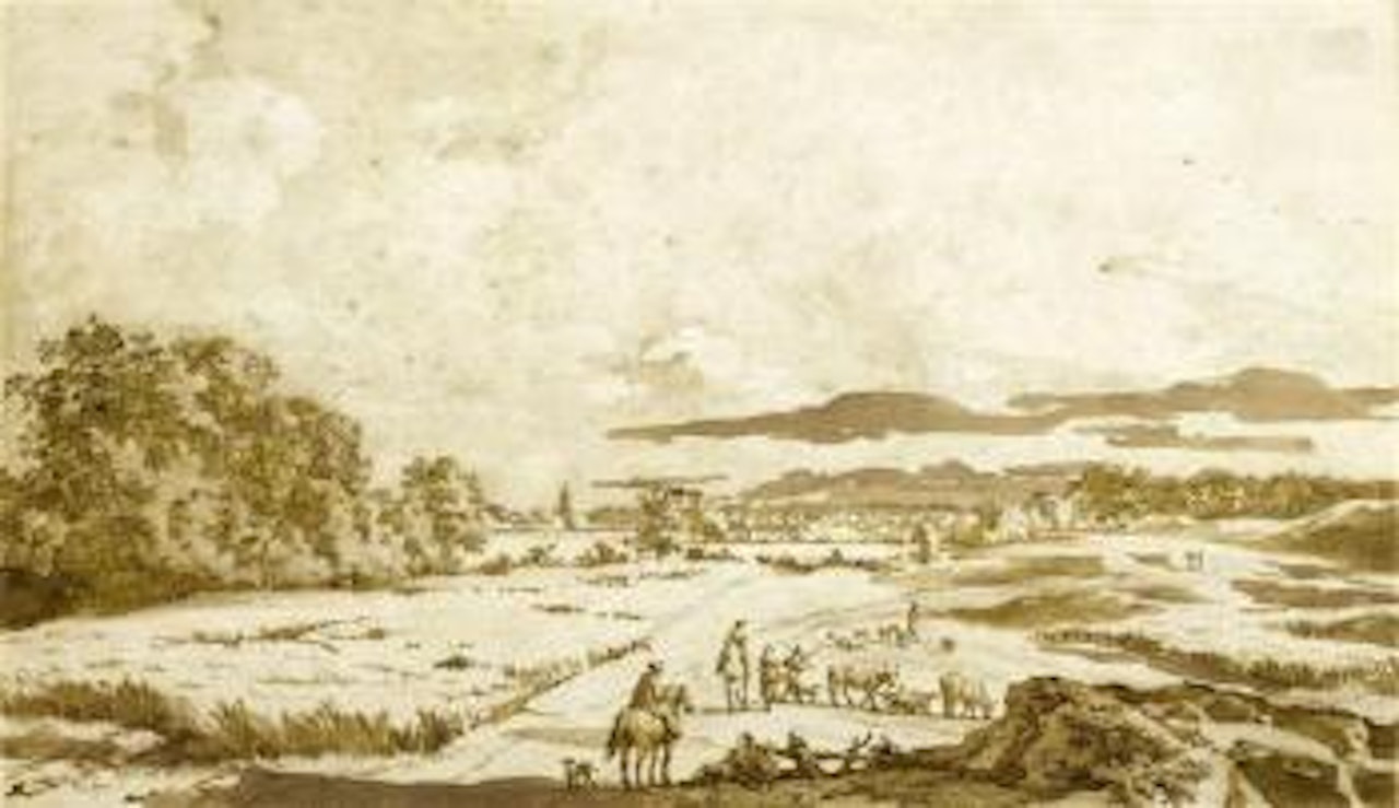Blick auf Den Haag mit Hirten, Reitern und Passanten by Jan de Bisschop
