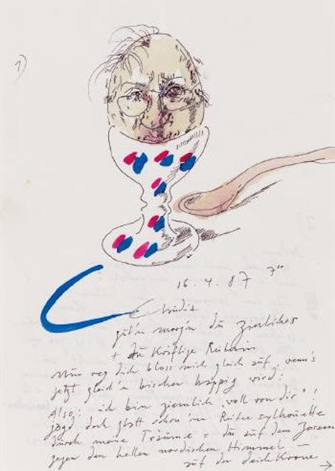 Brief mit Zeichnung (Selbst im Eierbecher) 16.4.87 by Horst Janssen