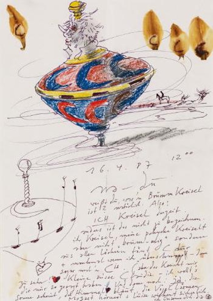 Brief mit Zeichnung (Selbst als Kreisel) 16.4.87 by Horst Janssen