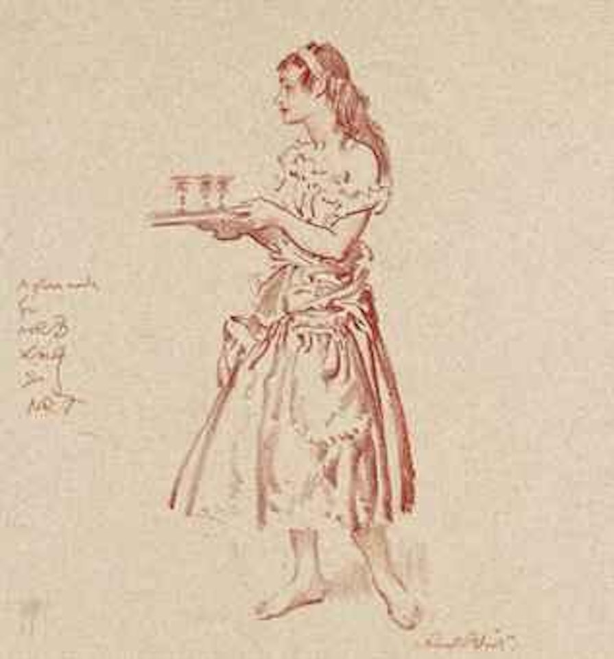 A young girl carrying a tray with three wine glasses by William Russell Flint
