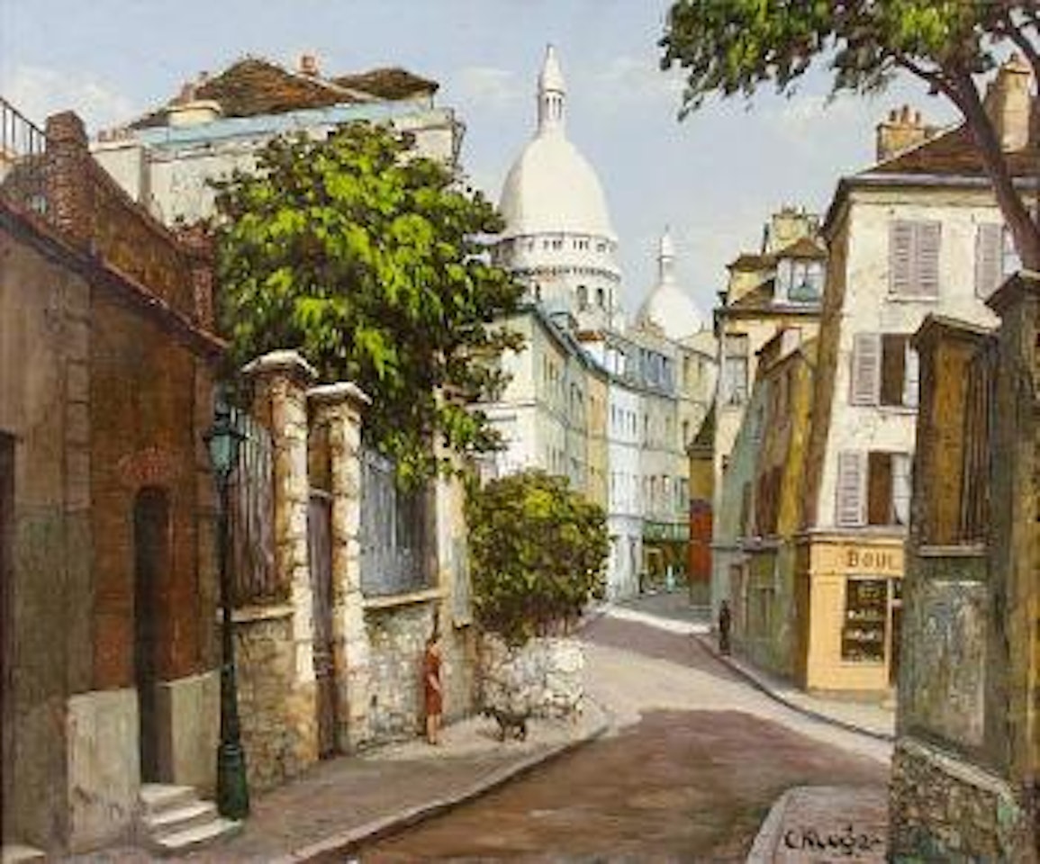 Parisan street scene with a view of the Sacre Coeur in the background by Constantin Kluge
