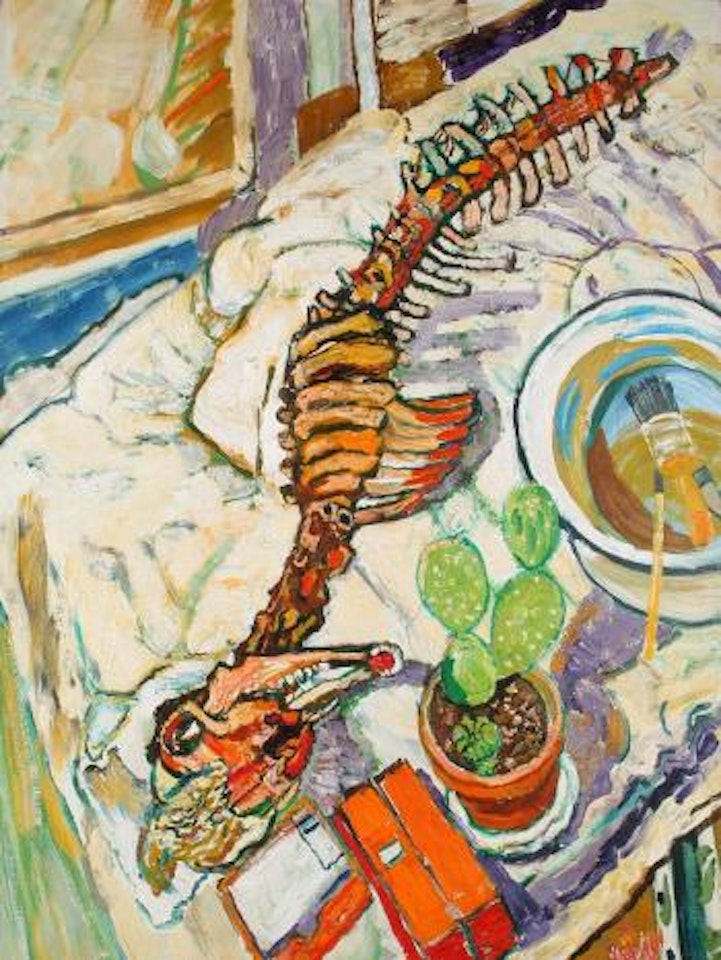 Skeleton with cactus by John Bratby