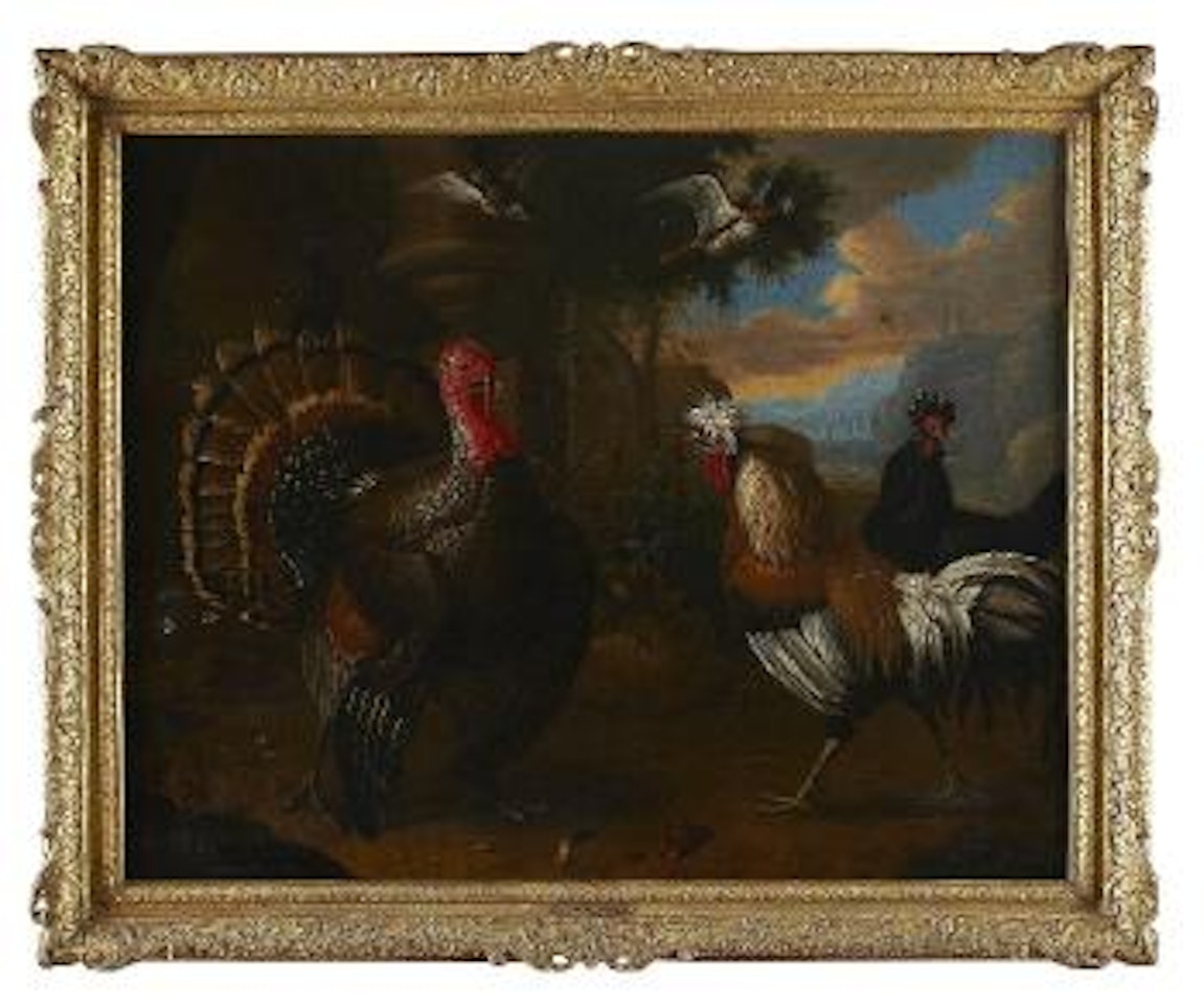 Ornamental fowl in an Italianate landscape by Melchior de Hondecoeter