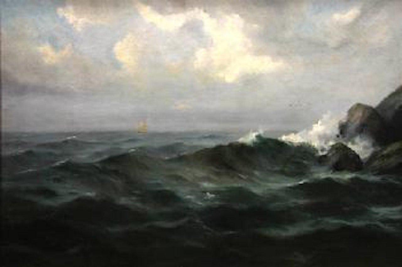 Waves crashing against rocks with sailboats in the distance by Angel Espoy
