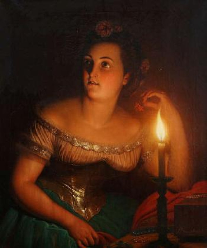 Meisje met bloem bij kaars by Petrus van Schendel