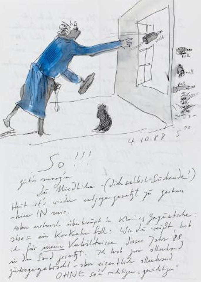 Brief mit Zechnung (Selbst, Flaschen aus dem Fenster Werfend) by Horst Janssen