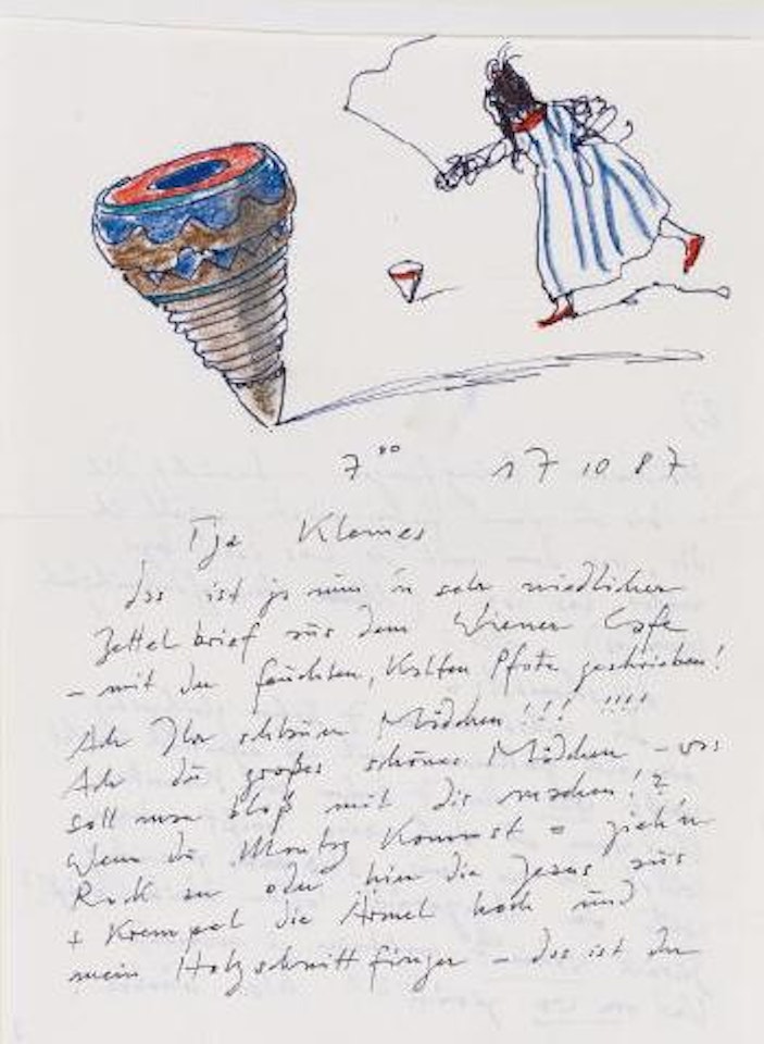 Brief mit Polaroid und Zeichnung (Mädchen mit Kreisel) by Horst Janssen