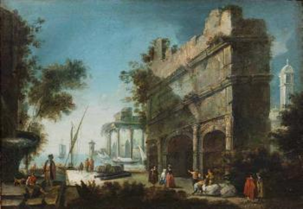 Capriccio con scorcio di laguna veneta. Capriccio con obelisco e figure by Antonio Stom