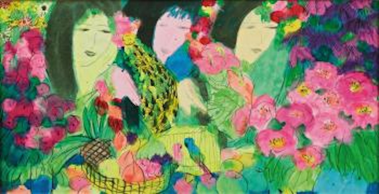 Three Women, Birds, And Fruit by Walasse Ting