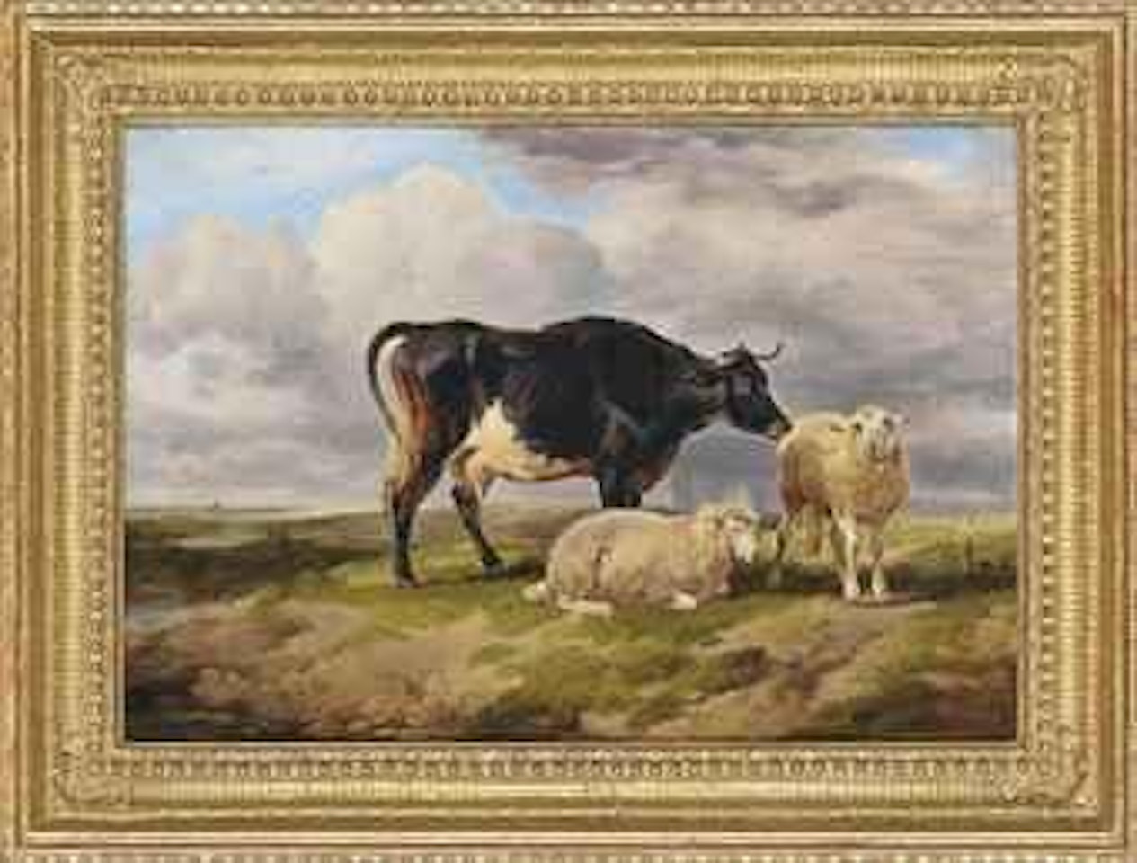 A cow and sheep in a watermeadow by Thomas Sidney Cooper