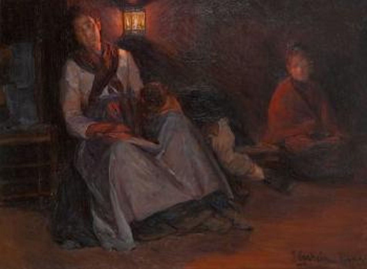 Rastende Mutter mit ihren Kindern im Licht einer Laterne by Jehudo Epstein