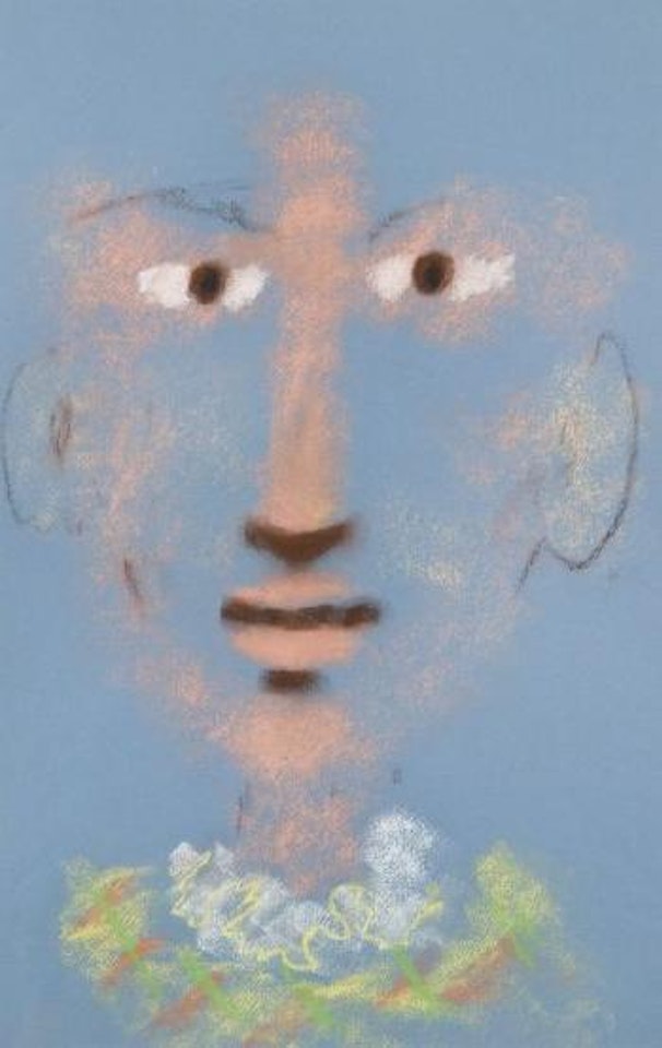 Visage d'arlequin sur fond bleu by Jean Cocteau