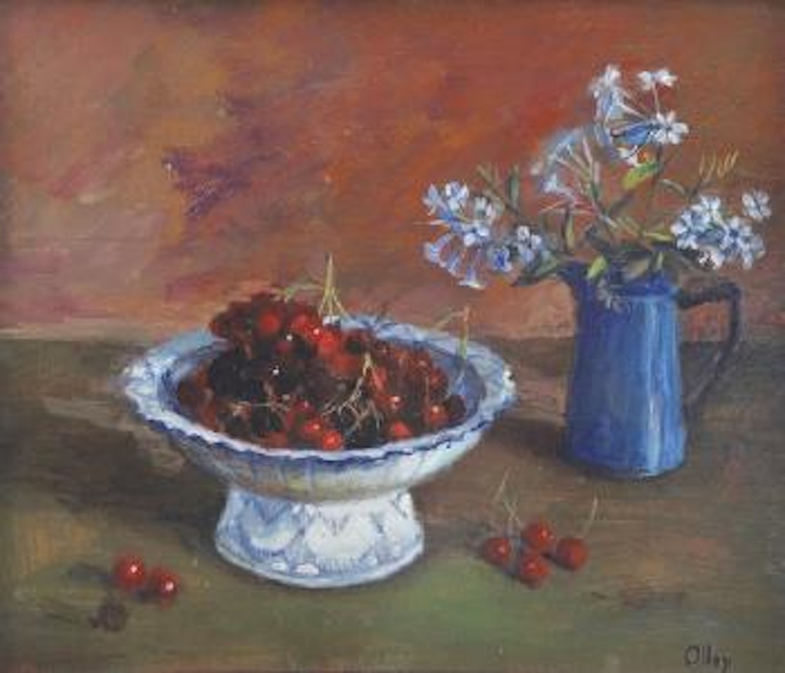 Still life with fresh cherries and blue jug by Margaret Hannah Olley