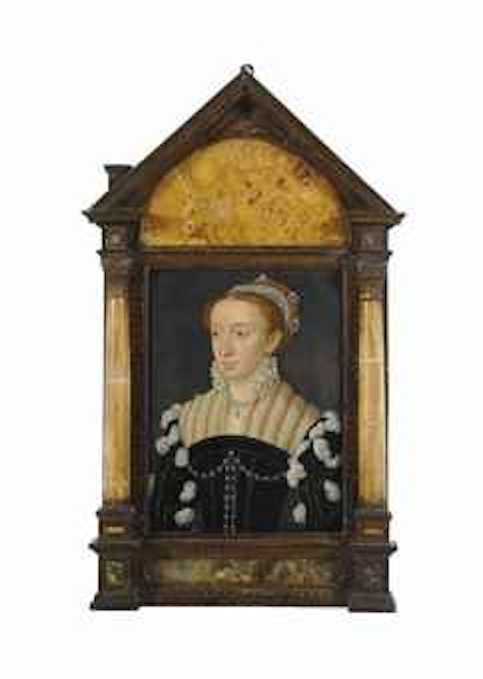Portrait of Margaret of France (1723-1574), Duchess of Berry, later Savoia, half-length, in gold-embroidered & jewelled black dress, sleeves slashed to reveal white undershirt by Attributed to Francois Clouet