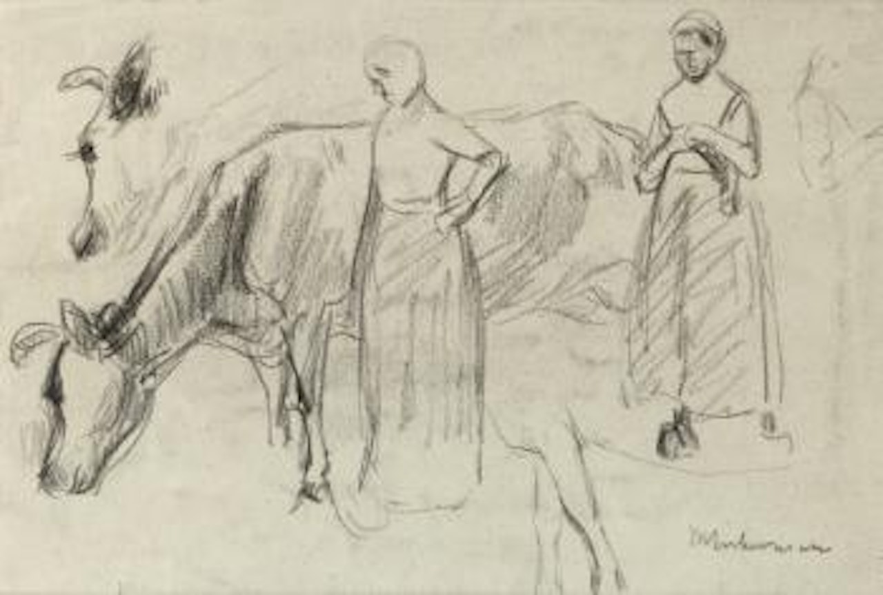 Studienblatt mit Skizzen zu dem Gemälde 'Strickendes Mädchen mit Kuh'; Auf einem Stuhl sitzende weibliche Person (Fragment) by Max Liebermann