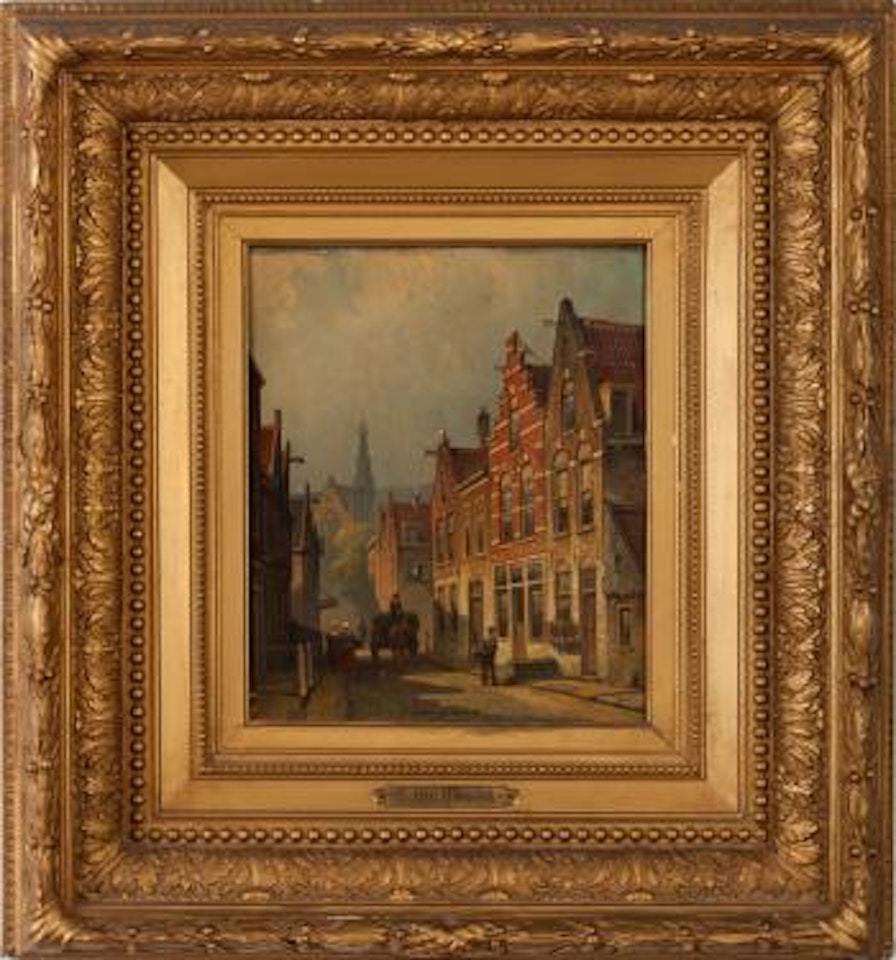 Dutch street scene with gabled buildings, villagers and church by Eduard Alexander Hilverdink