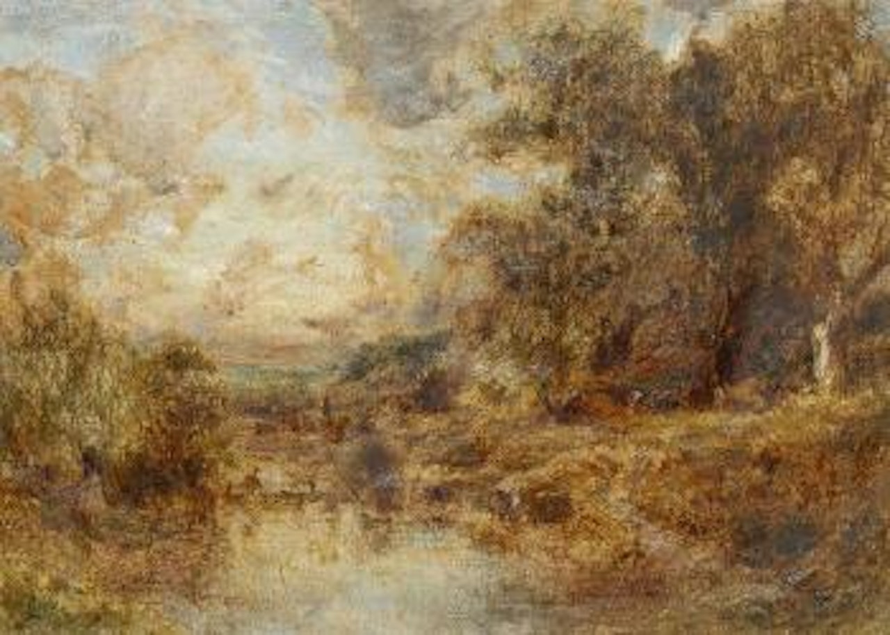 Crépuscule, vache à l'orée du bois. Vaches et pêcheur en bord de rivière by Théodore Rousseau