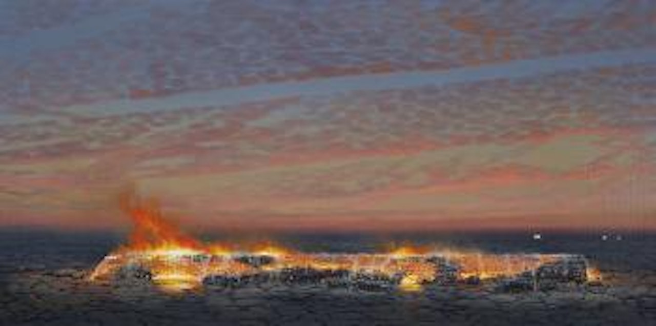 Burning log, headlights by Tim Storrier