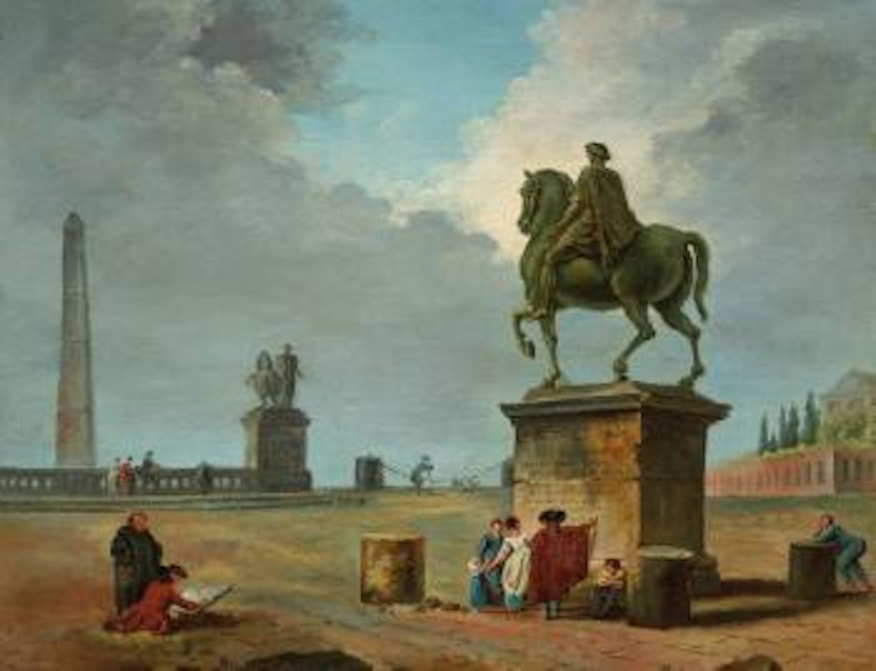 Dessinateurs et promeneurs au pied d'une statue équestre by Hubert Robert