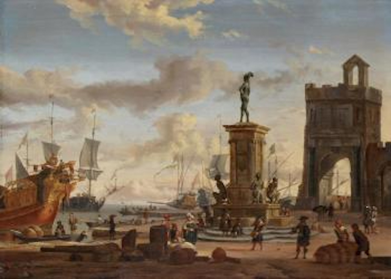 Orientaux dans un port méditerranéen by Abraham Storck
