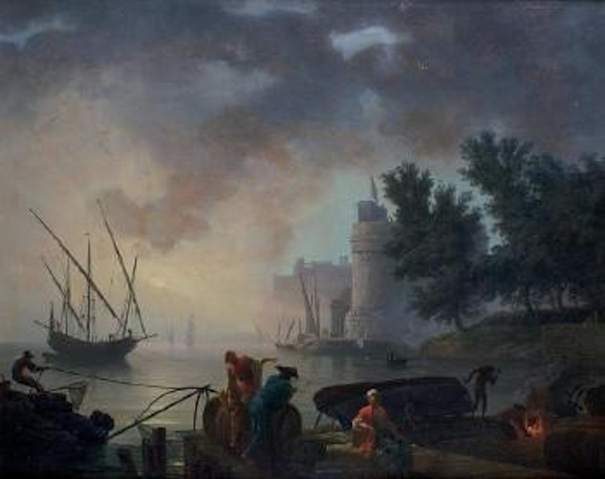 Cardage d'un bateau dans un port méditerranéen au soleil couchant by Claude Joseph Vernet