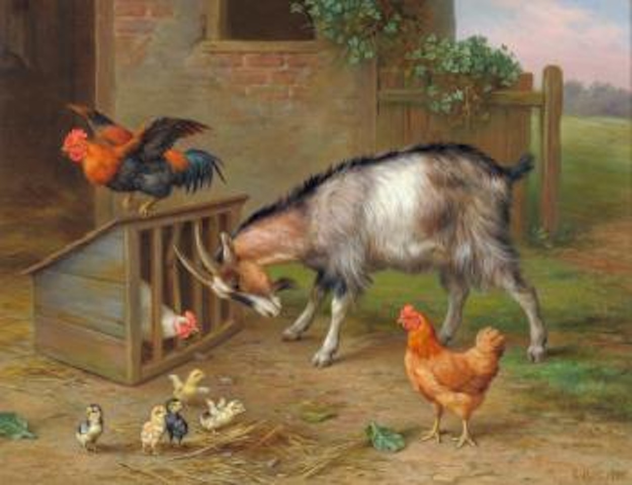 Farmyard scene with goat, chickens and chicks by Edgar Hunt
