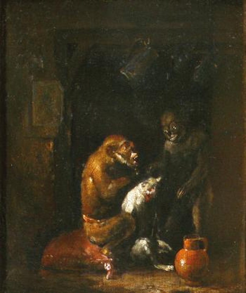 Scène d'intérieur animée de singes by Egbert van Heemskerk III
