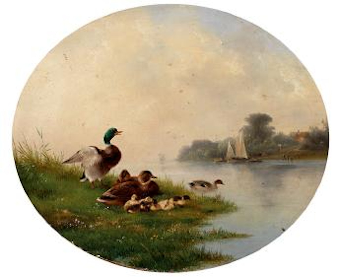 Entenfamilie am Ufer eines Flusses by August Knip