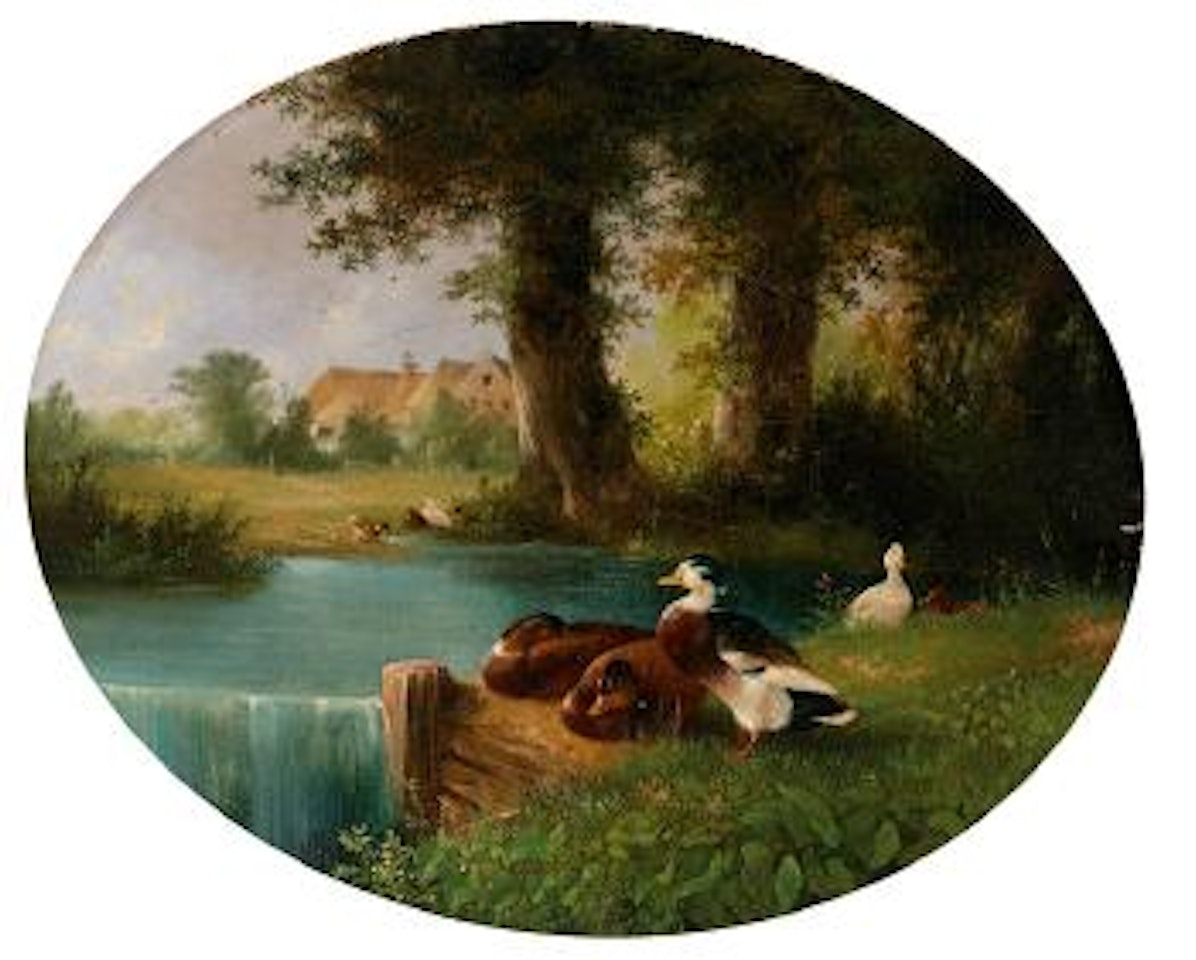 Enten an einem Teich, im Hintergrund reetgedecktes geghöft by August Knip