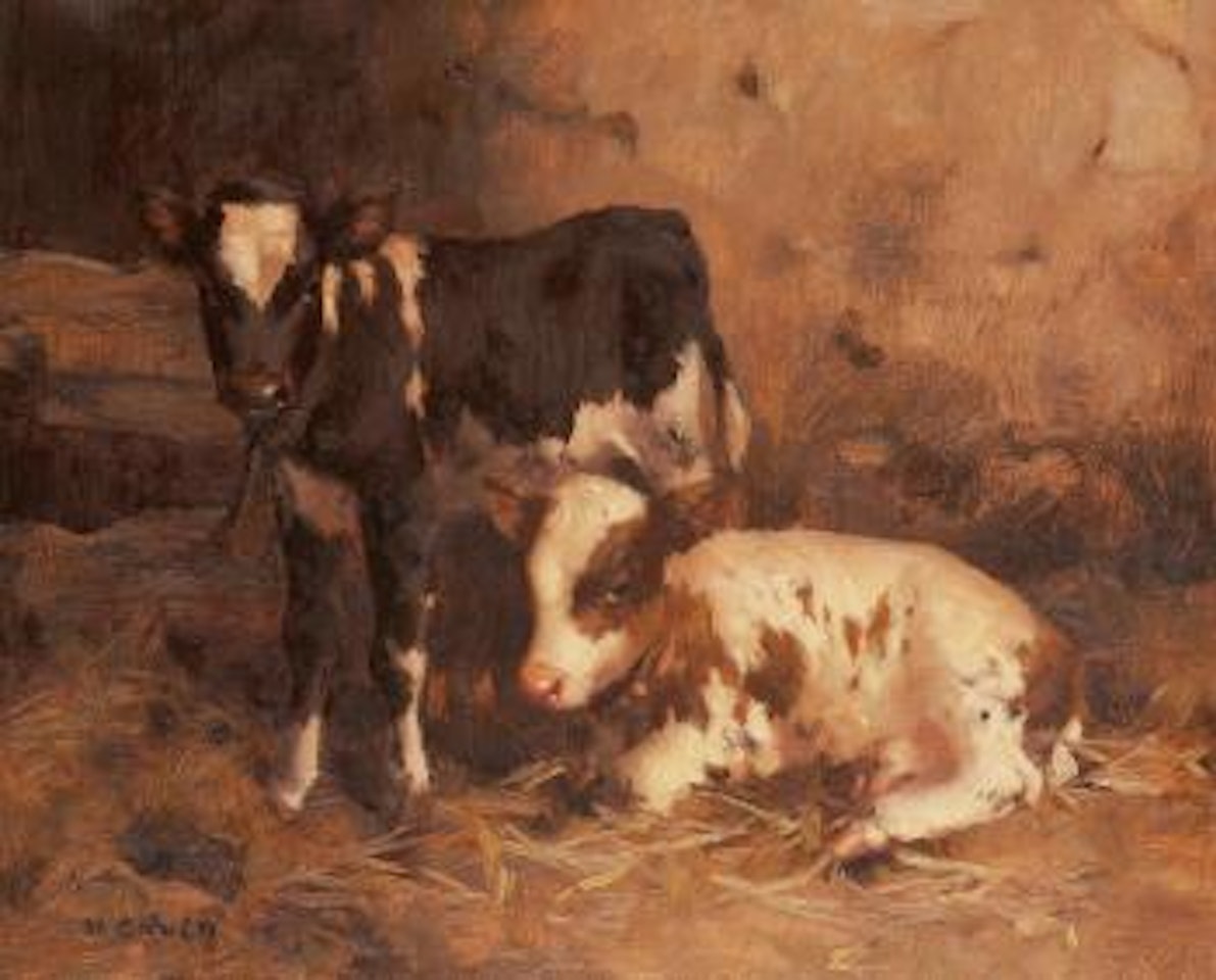 Two calves in a byre by David Gauld