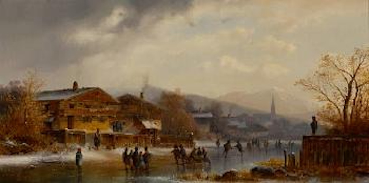Figures skating on a frozen stream by a village by Anton Doll