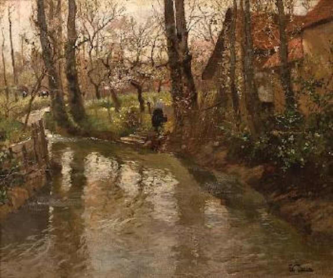 A stream through a village by Fritz Thaulow