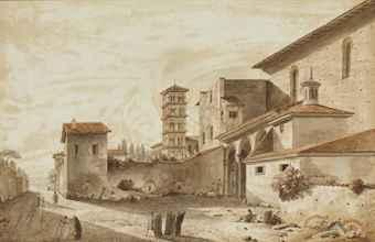 Vue du clocher de Saint Alexis et de l'entrée de l'église de Sainte Sabine sur le mont Aventin à Rome by Victor Jean Nicolle