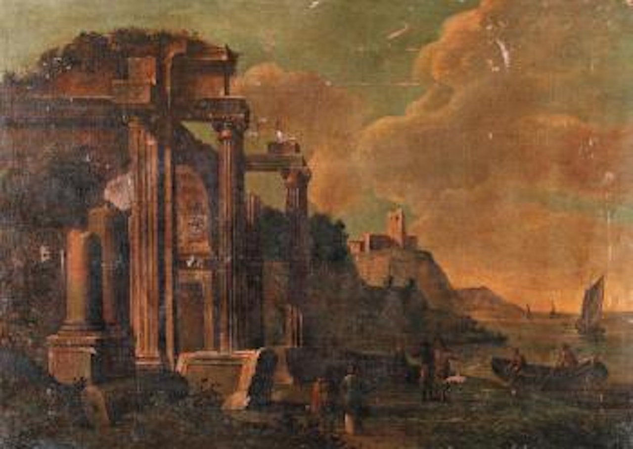 Paysage de ruines antiques en bordure de mer animé de personnages by Giovanni Ghisolfi