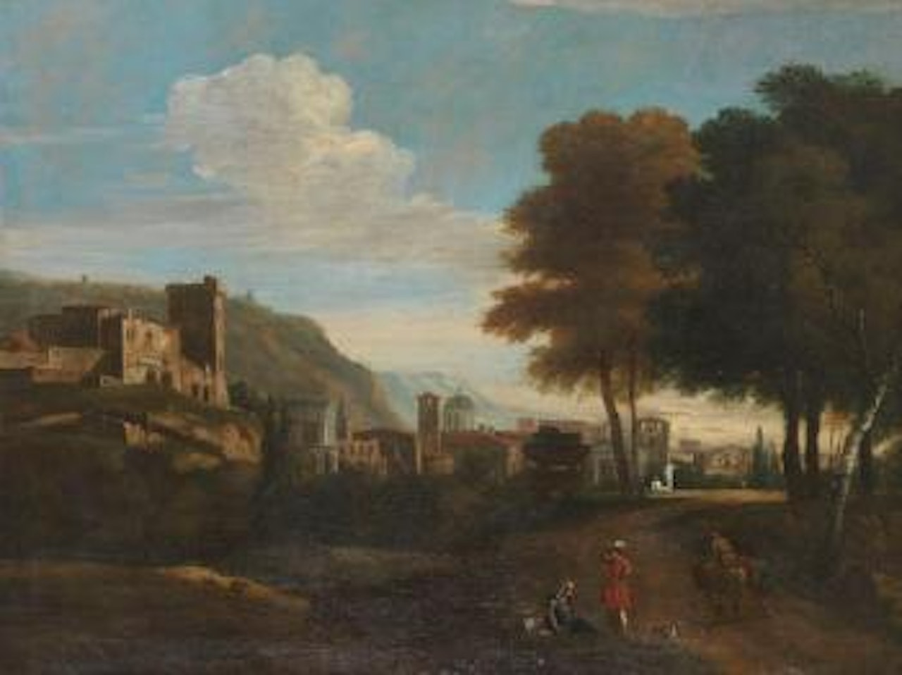 Romische Landschaft mit Ortschaft und Personenstaffage by Italian School