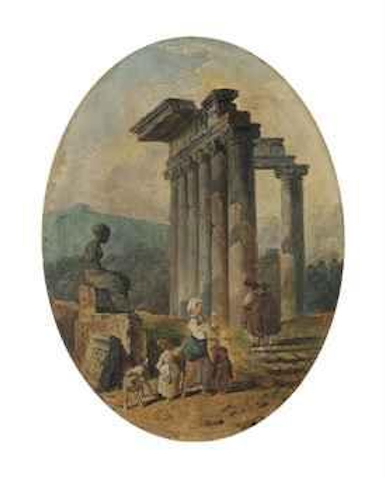 Une mère et ses enfants dans un paysage de ruines by Hubert Robert