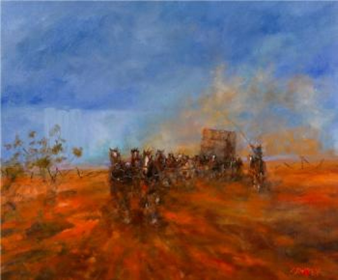 McConachies team, across the Jondaryn plains, wool for Brisbane - Darling Downs Queensland by Hugh Sawrey