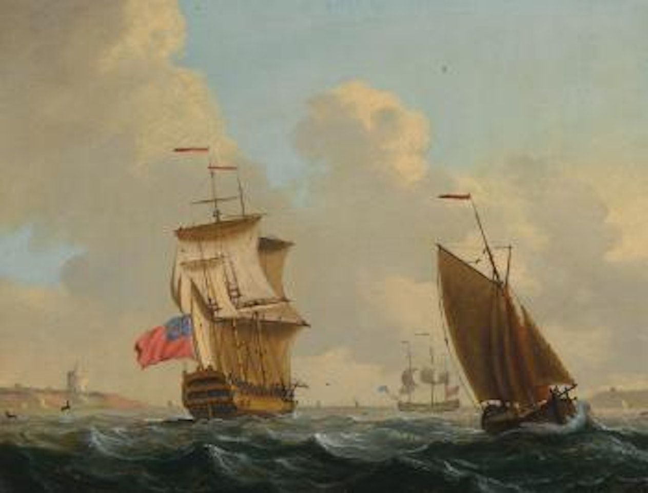 Two British Men Of War And a Fishing Boat Under Sail Off The Coast; And a British Man Of War And a Fishing Boat Under Sail In Choppy Seas Off The Coast, With a Frigate At Anchor by Francis Swaine