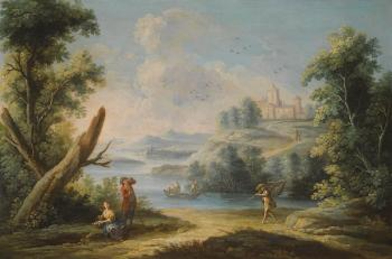 A River Landscape With Peasants Fishing; a River Landscape With Peasants Travelling Along a Path by Venetian School