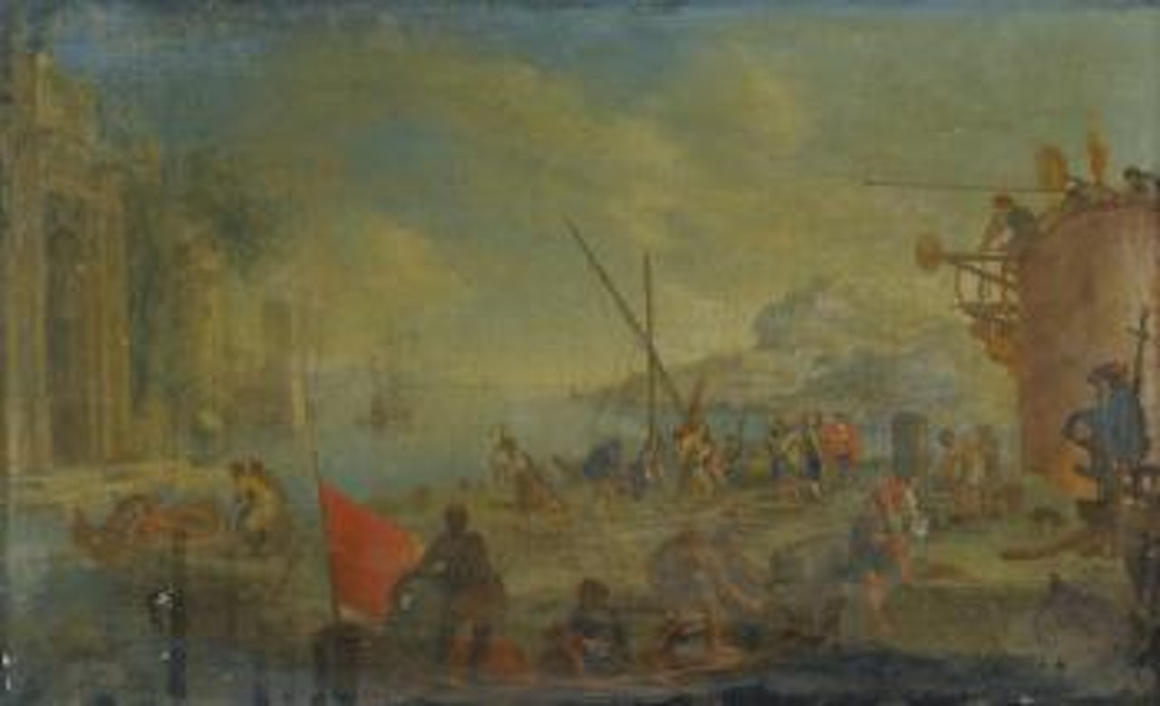 A Coastal Scene With Figures Disembarking From a Ship; a Coastal Scene With Figures Loading Boats by Cornelis de Wael