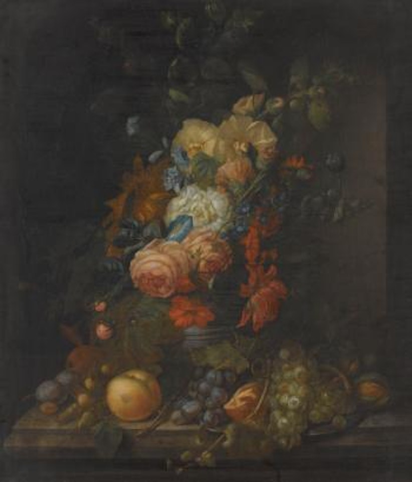 A Still Life With Flowers In a Vase On a Ledge Beside Grapes, Plums And Apples, All Before a Niche; a Still Life With Flowers In a Vase On a Ledge Beside Other Flowers, All Before a Niche by Dutch School