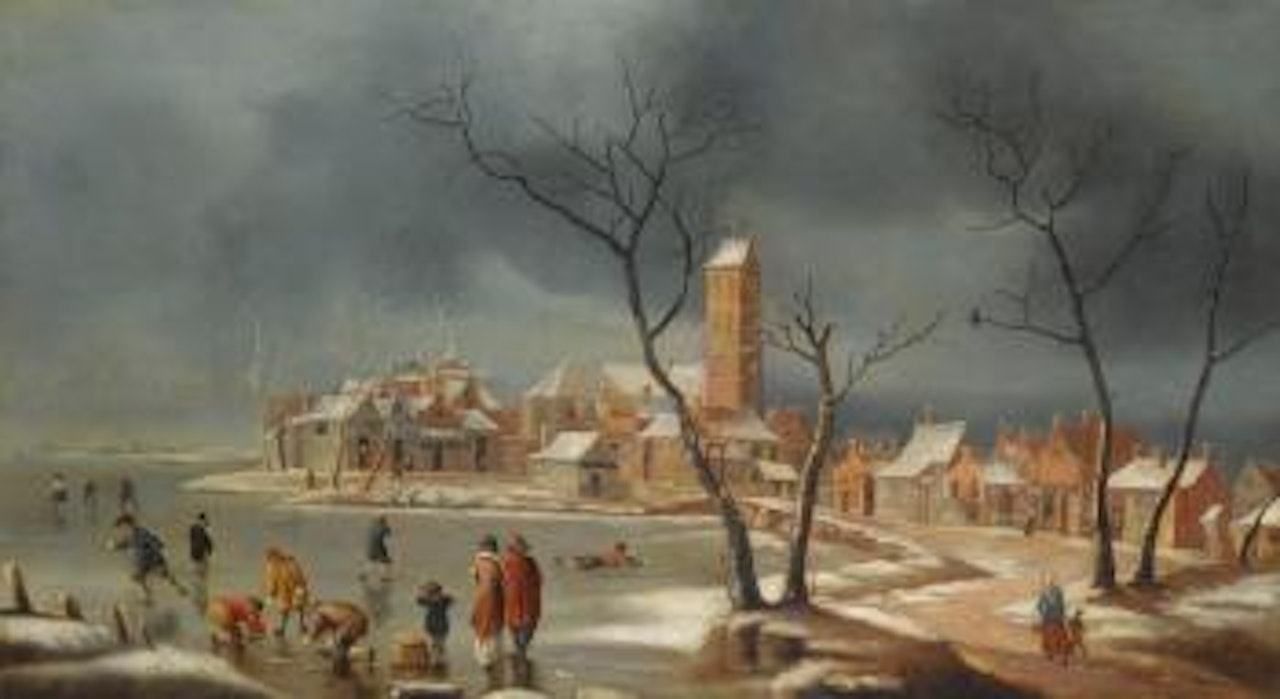 A Winter Landscape With Figures Playing And Skating On The Ice At The Edge Of a Town by Jan Abrahamsz. Beerstraten