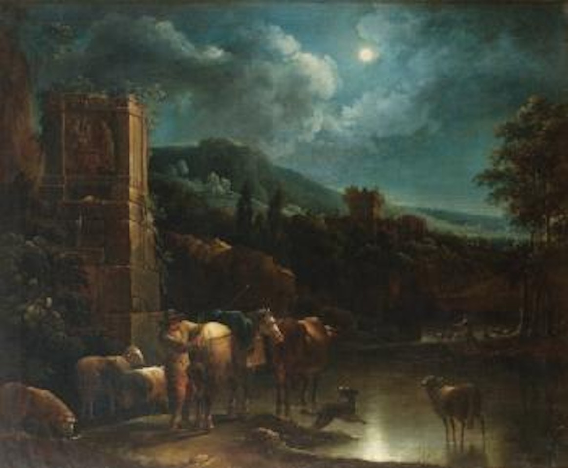 A Peasant With His Flock By a Ford By Moonlight by Nicolaes Pietersz Berchem