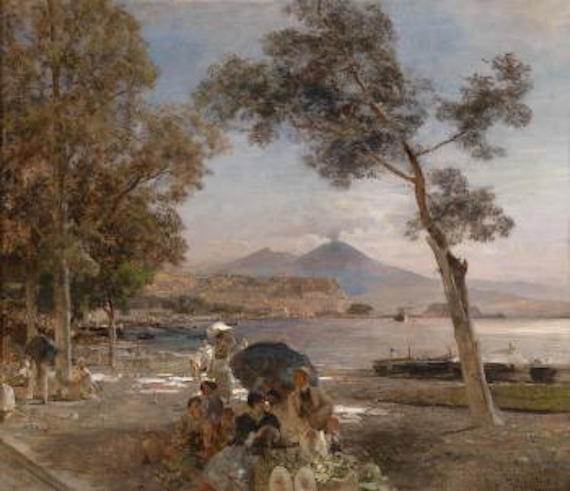 The Gulf of Naples in the evening light, Vesuvius in the background by Oswald Achenbach