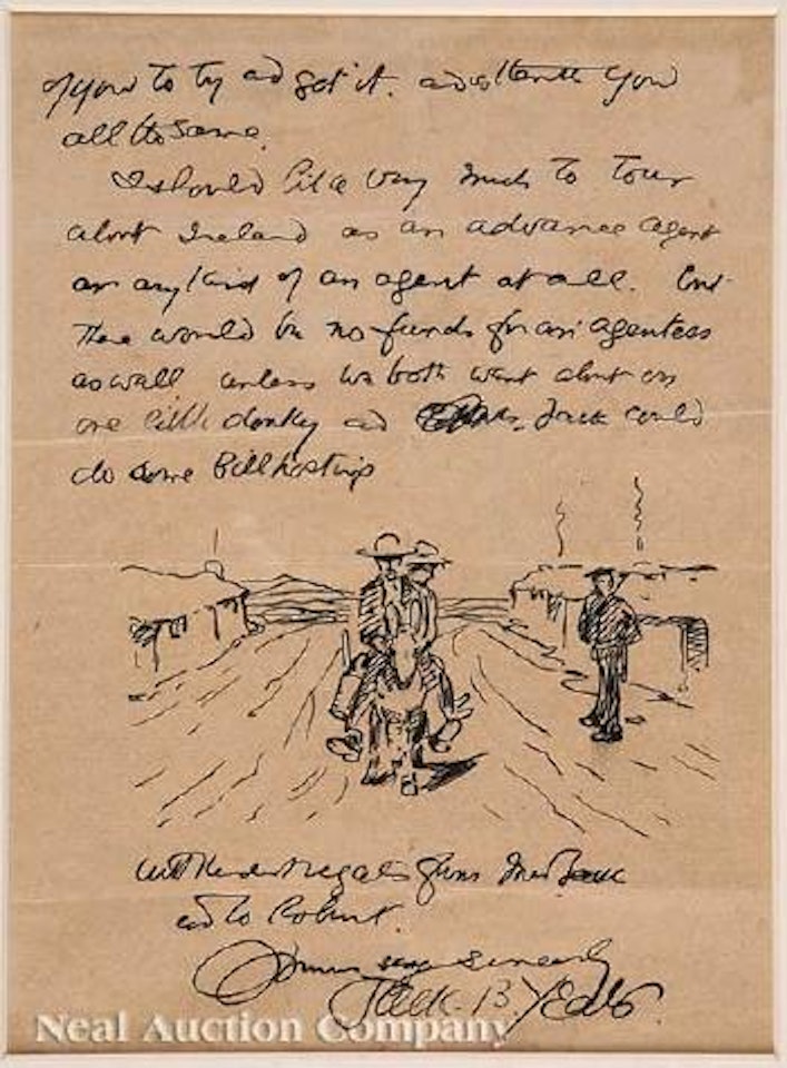 Autograph letter with a sketch of two figures riding a donkey by John Butler Yeats
