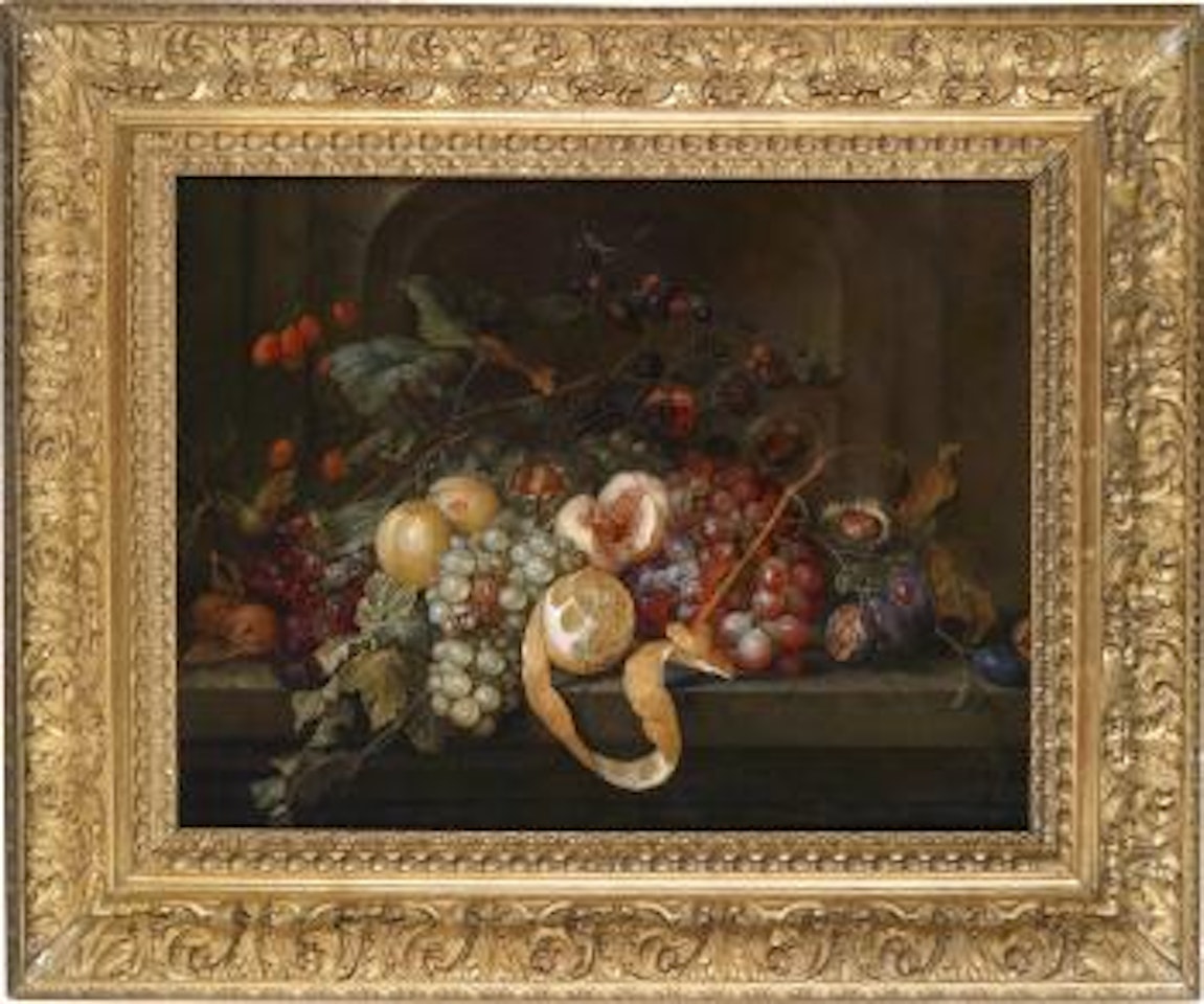 Still life with fruit and nuts on a stone table by Jan Davidsz de Heem