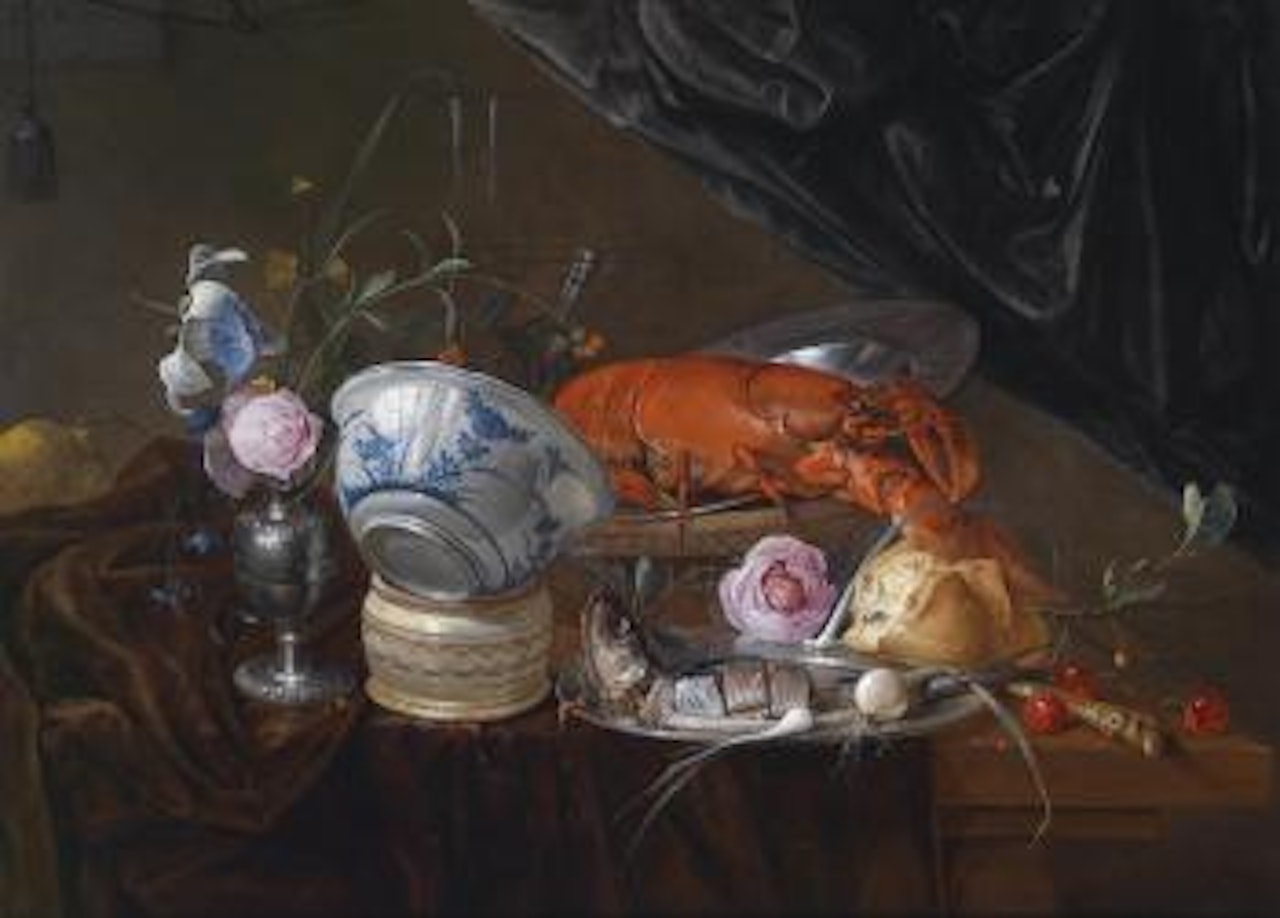Still life with flowers, a fish, a boiled lobster, and a faience bowl by Jan Davidsz de Heem
