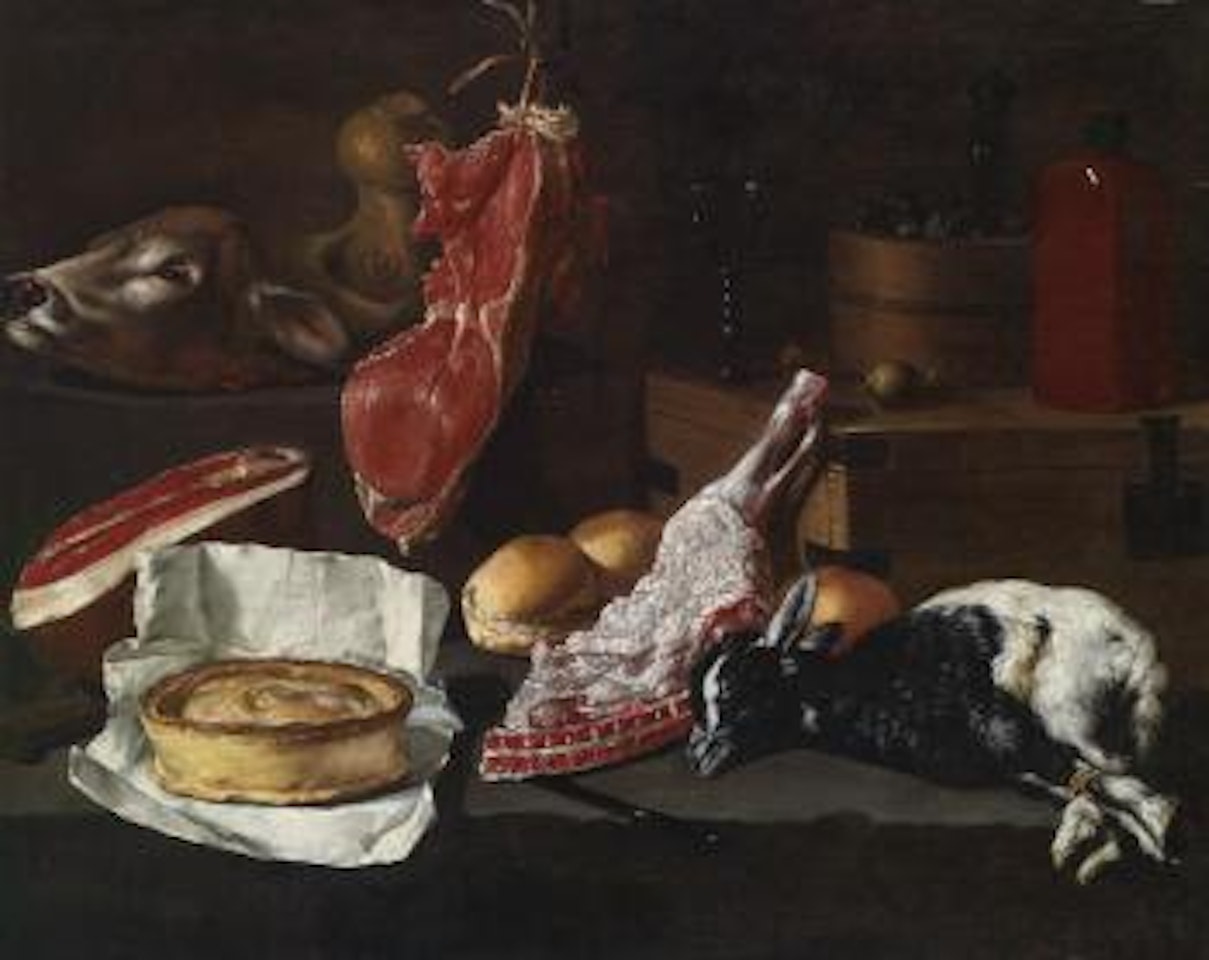 A kitchen still life with meat, a calf's head, a goat, a pie, and bread by Giuseppe Recco